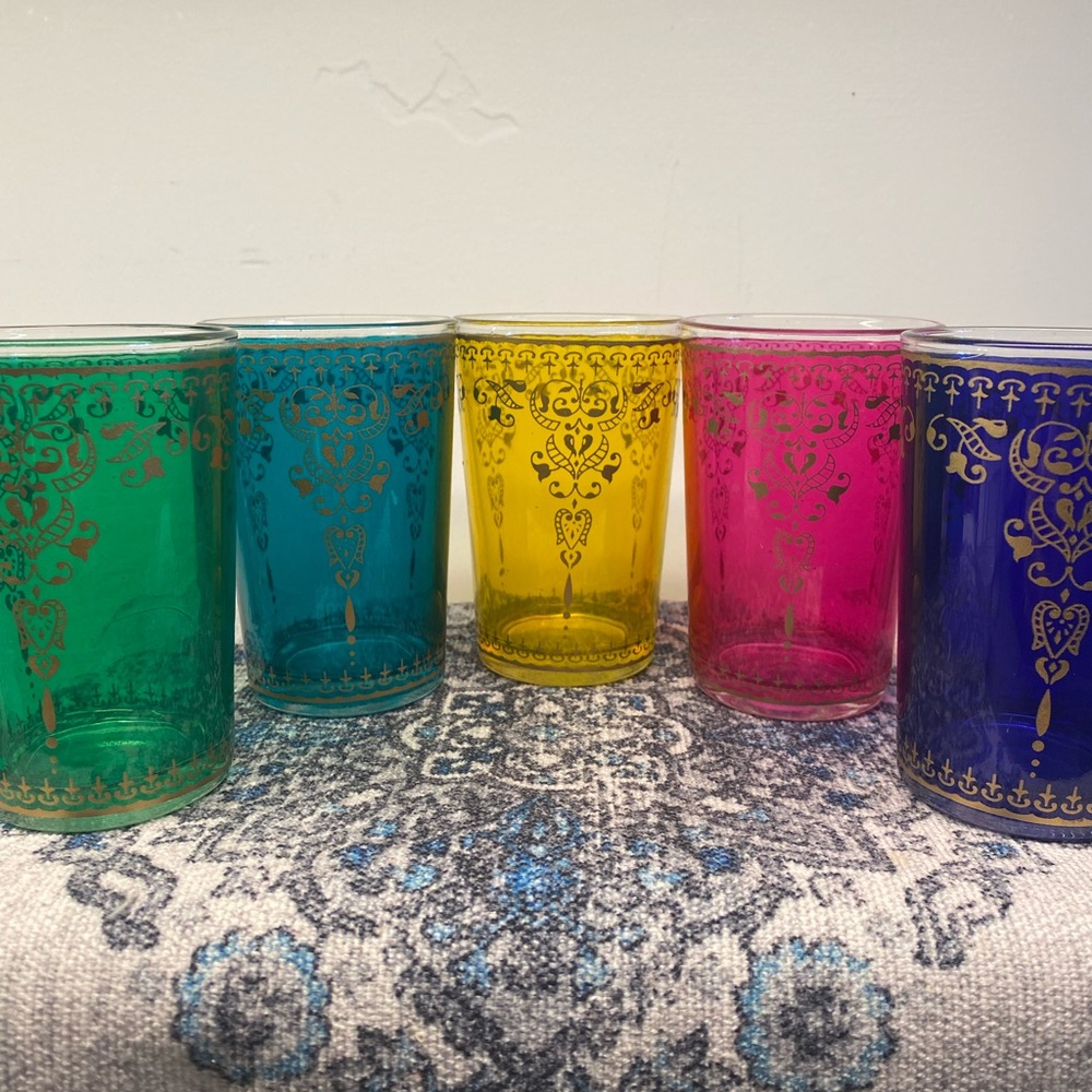 Colorful Moroccan-Style Artisan Tea Glass Set - Green, Teal, Yellow, Pink, Blue